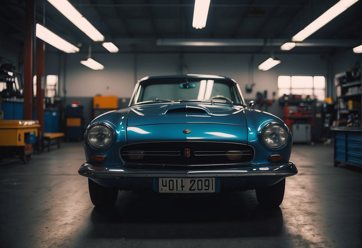 A car sits in a garage, hood open, with no engine oil