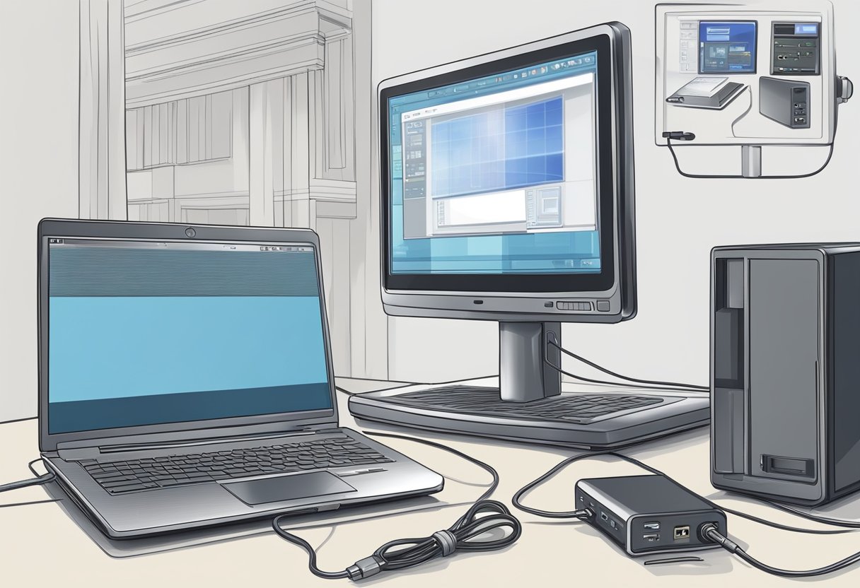 A laptop with a Windows operating system is connected to a projector or TV using the appropriate cables and ports