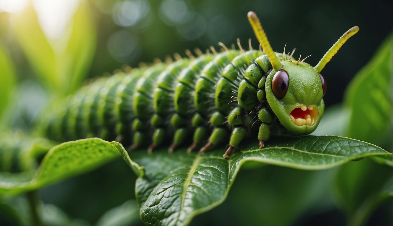 A big green caterpillar is munching on a pepper plant, causing visible damage to the leaves and stems