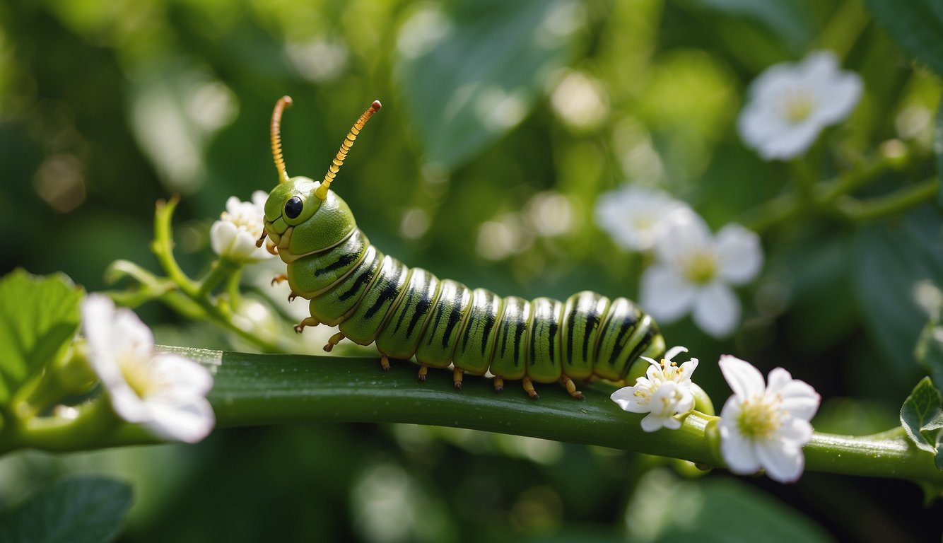 A big green caterpillar crawls on a pepper plant, surrounded by lush green leaves and small white flowers