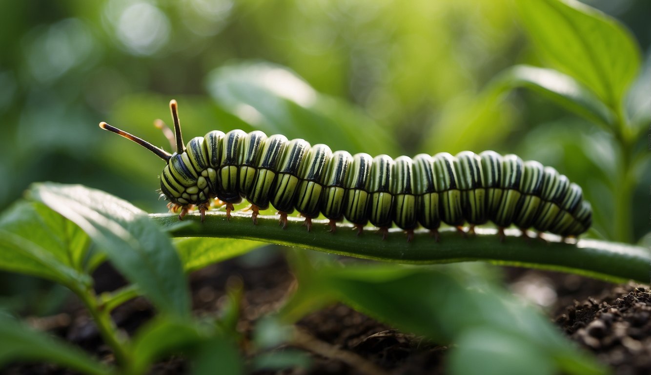 A big green caterpillar crawls on a pepper plant