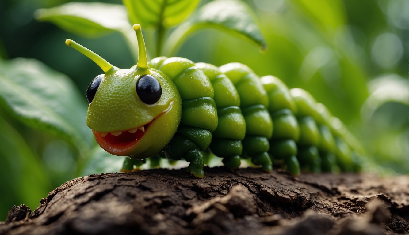 A big green caterpillar crawls on a pepper plant, surrounded by leaves and small peppers