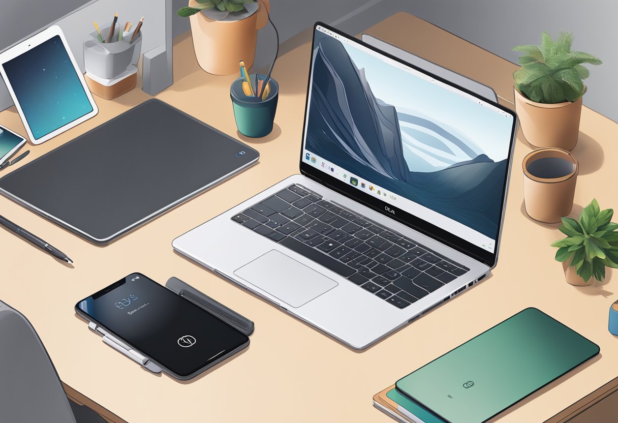 A Dell laptop sits open on a desk. Airpods are positioned nearby, ready to be paired with the laptop