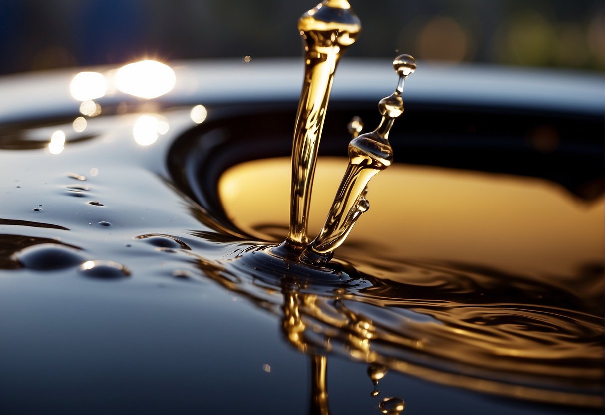 Engine oil drips from a damaged seal, seeping into the transmission, creating a slick, oily puddle beneath the vehicle