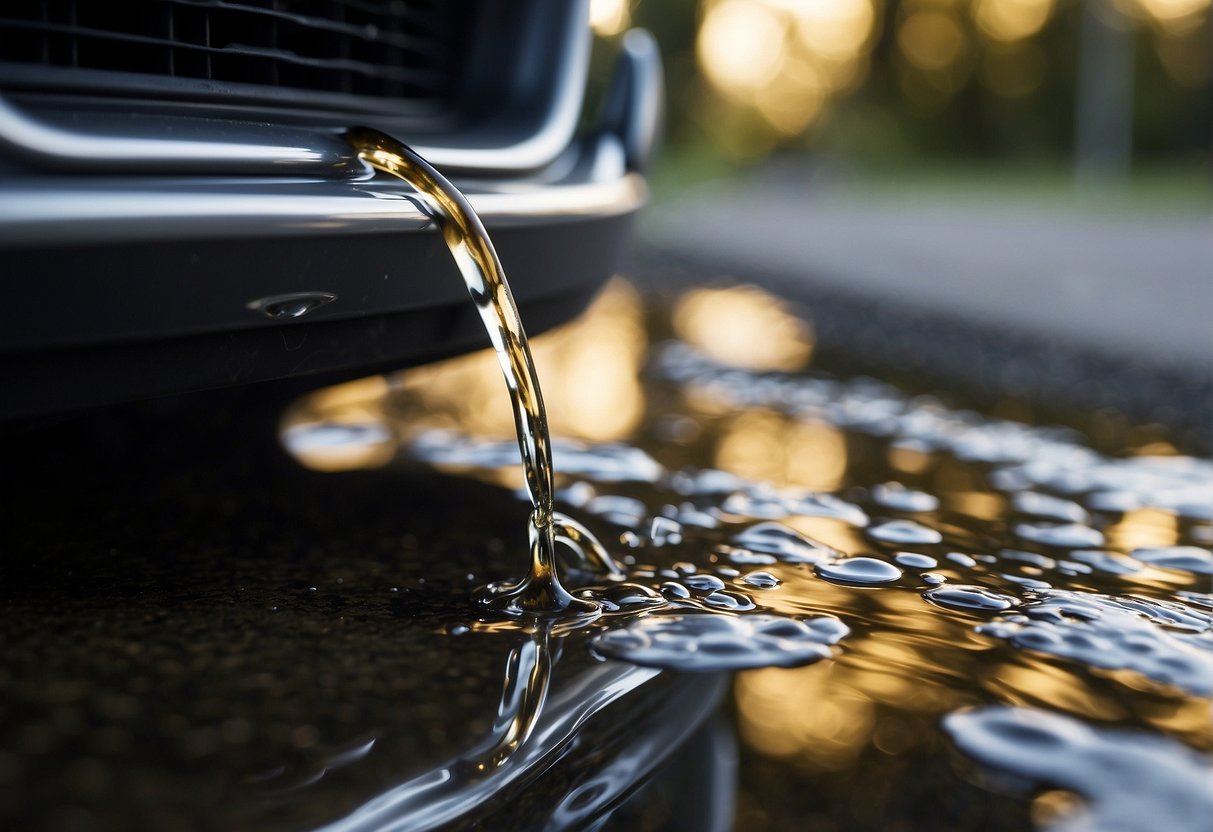 Engine oil drips from a leaking gasket onto the transmission casing. A puddle forms beneath the vehicle