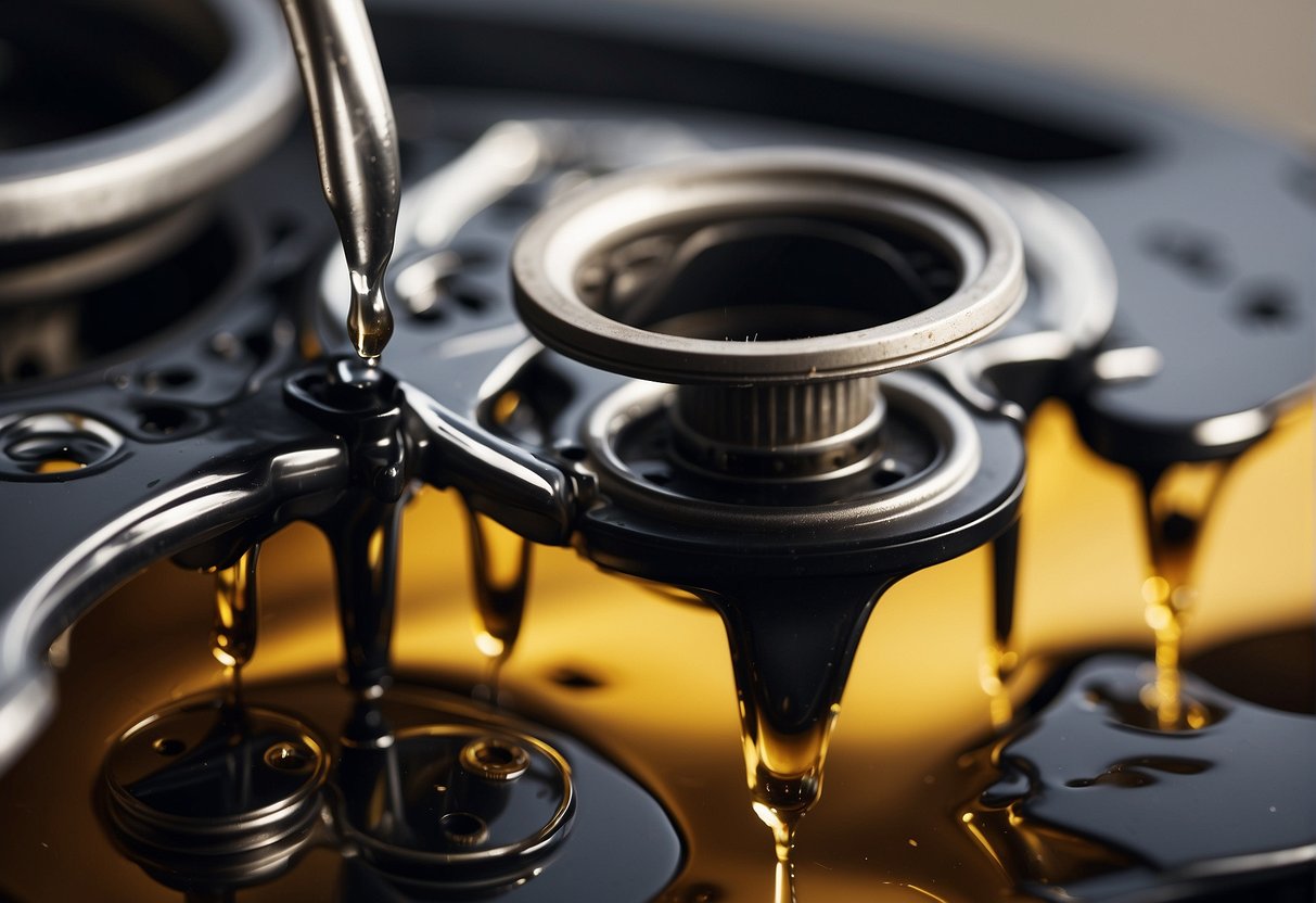 Engine oil drips from the damaged engine into the transmission, creating a leak. Preventative measures are shown nearby