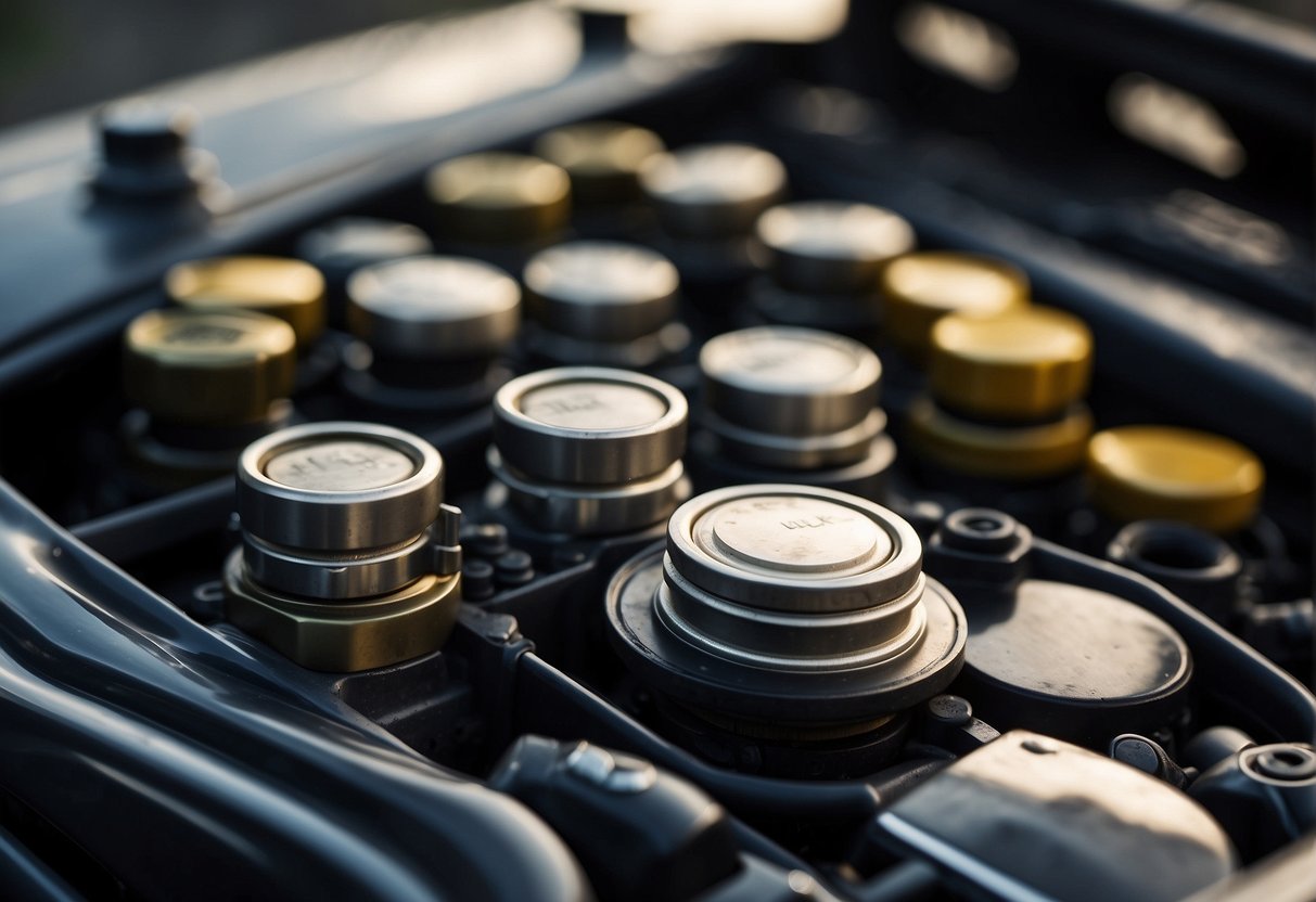 An open engine compartment with various types of oil caps scattered around