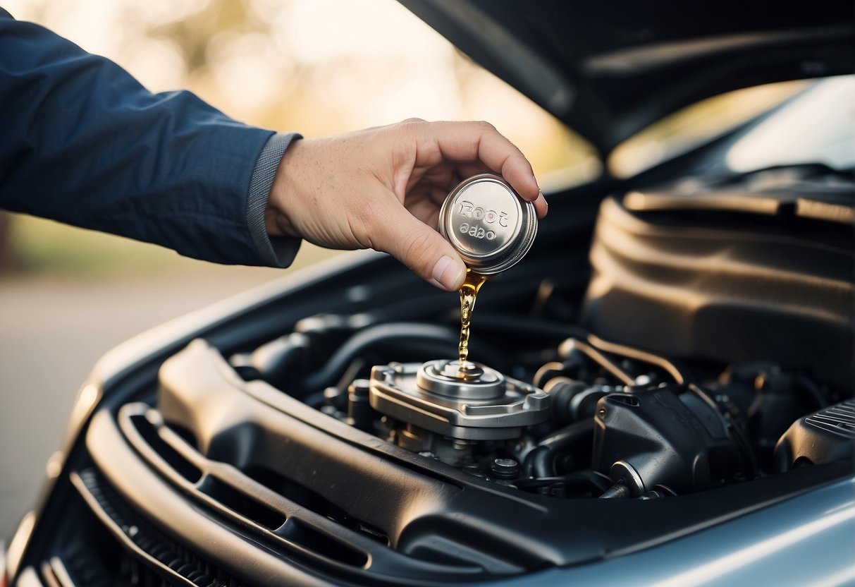 A hand reaches for a standard engine oil cap on a car engine. The cap is unscrewed and lifted off, revealing the opening beneath