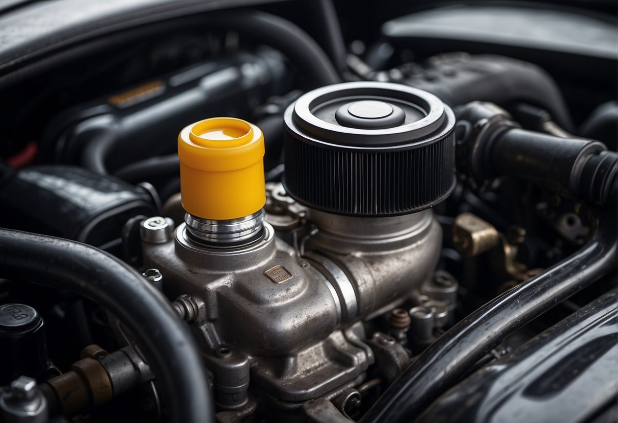 A car engine with a mismatched or improperly sealed oil cap, causing oil to leak and smoke from the engine