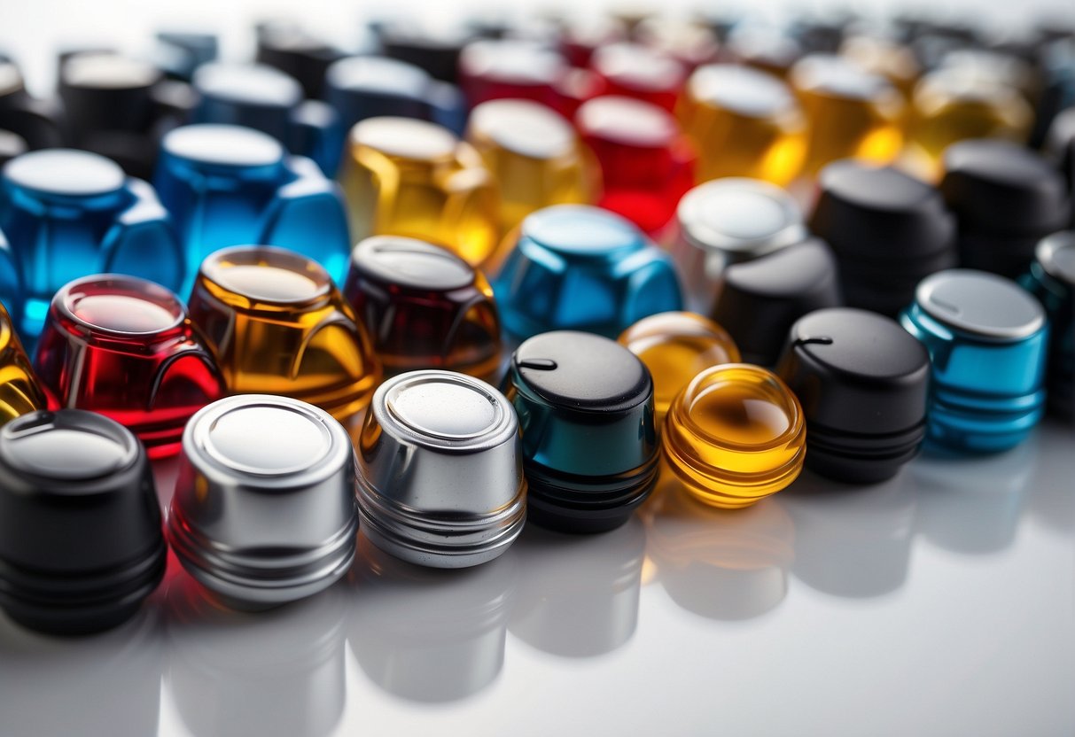 An array of engine oil caps of various shapes and sizes, arranged in a neat row, against a clean, white background