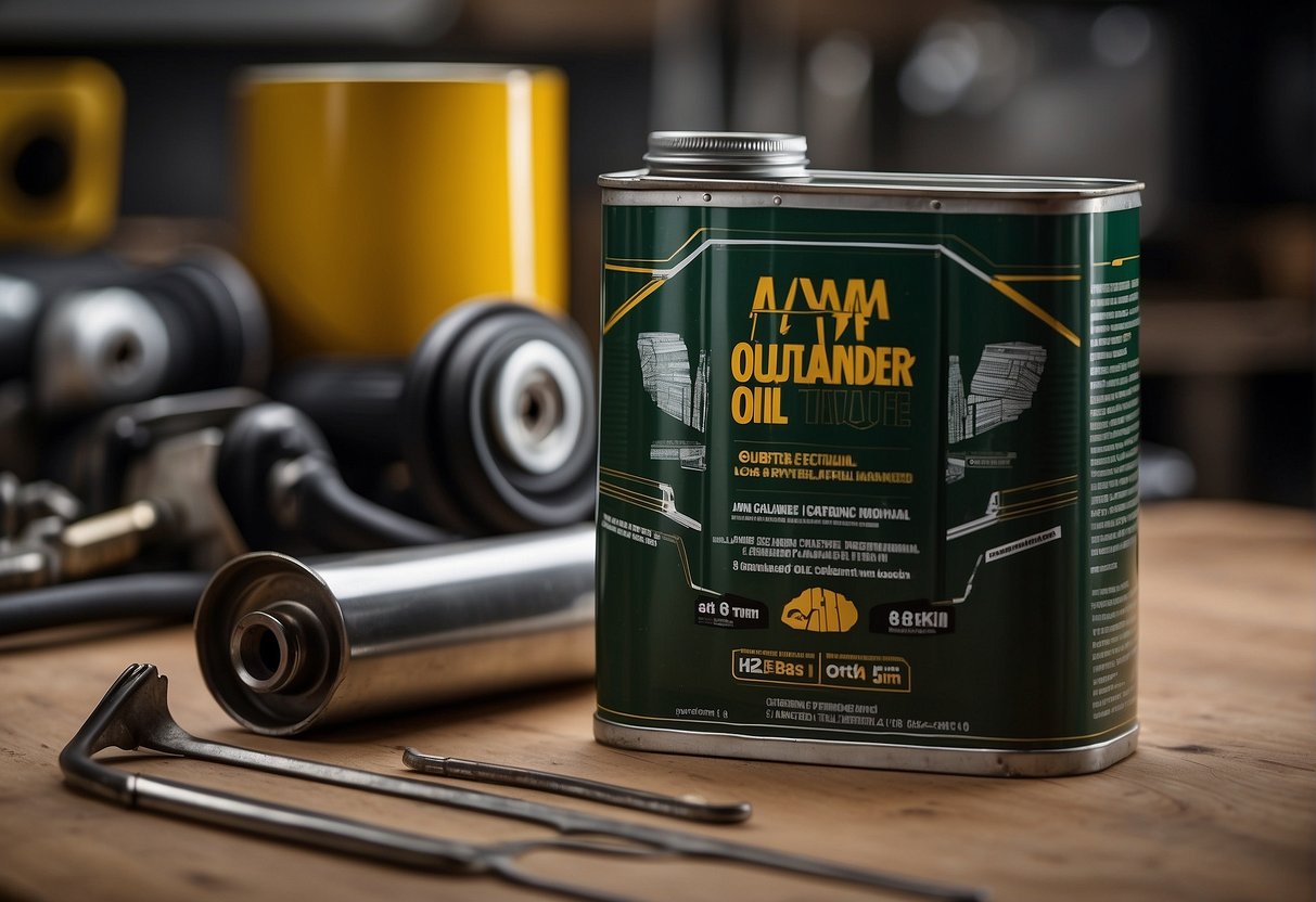 A can of Am Outlander engine oil sits on a clean workshop table, surrounded by tools and a maintenance manual
