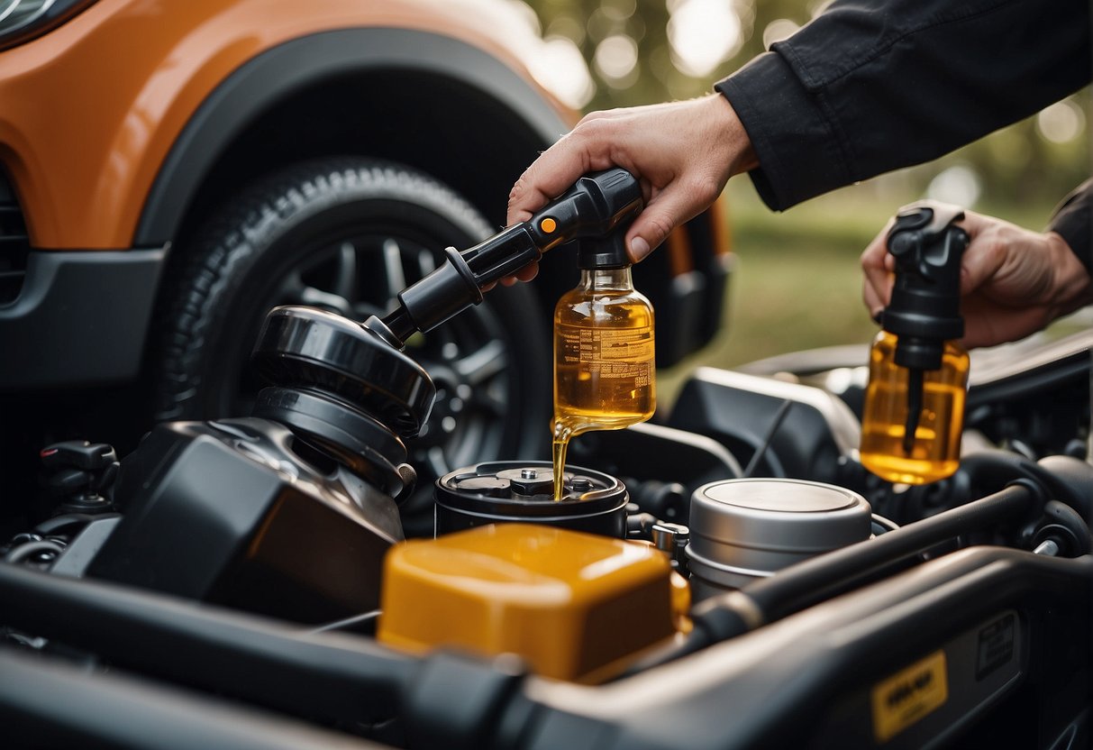 A hand pours fresh oil into the engine of a Can-Am Outlander, while another hand unscrews the oil filter. The old oil drains into a pan below the engine