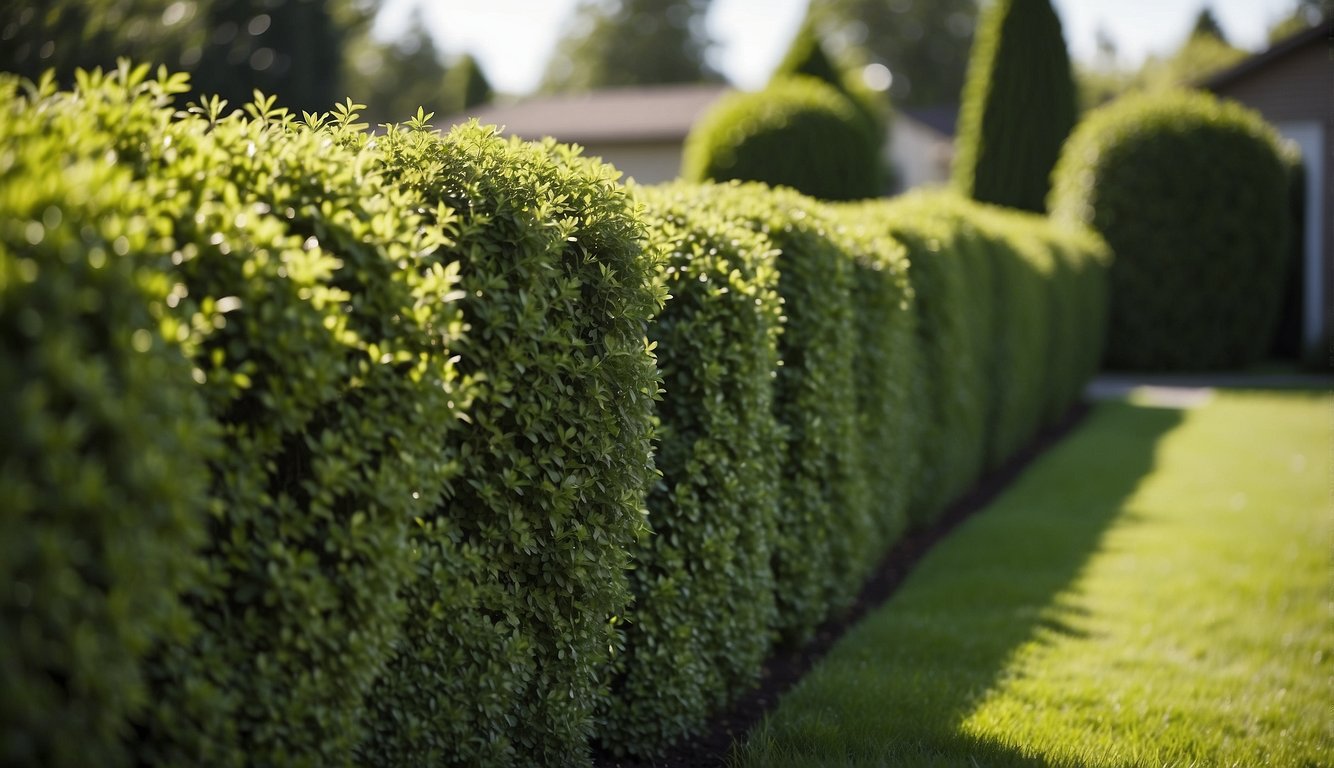 A suburban backyard with neatly trimmed, fast-growing privacy hedges lining the perimeter. The hedges are lush and dense, providing a sense of seclusion and tranquility
