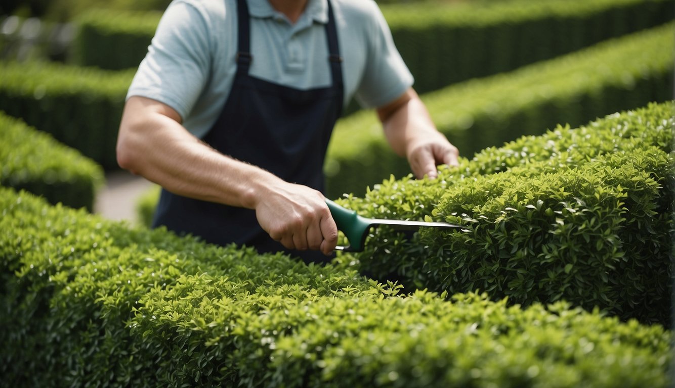 Lush green privacy hedges being meticulously trimmed and shaped by a gardener