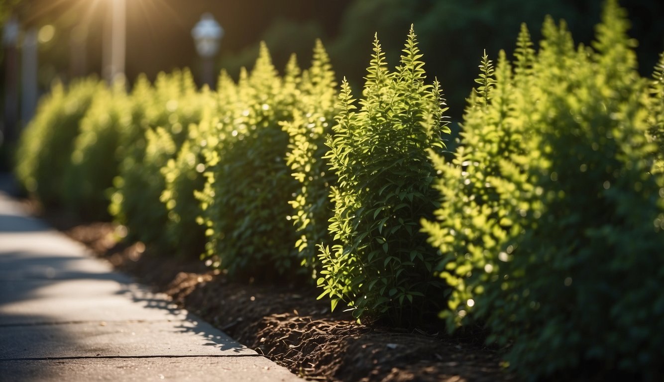A row of tall, dense bushes rapidly rising to form a thick, green barrier. The sun shines through the leaves, casting dappled shadows on the ground