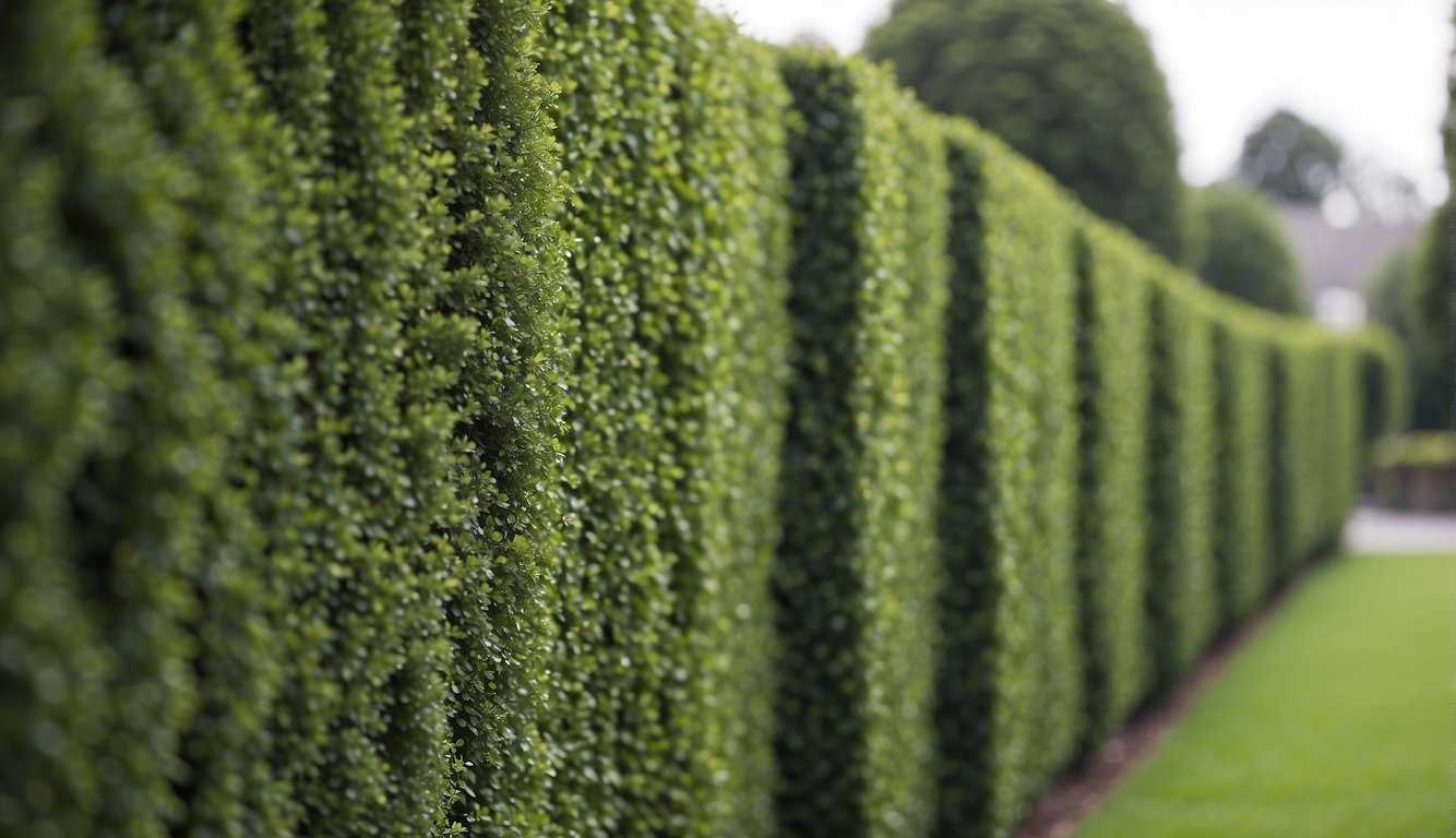 A row of tall, dense hedges grows quickly, creating a barrier between two properties. A gardener trims and shapes them to maintain privacy