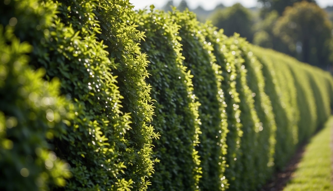 A row of tall, lush hedges rapidly growing to form a dense, green privacy barrier. The hedges are thriving and reaching towards the sky