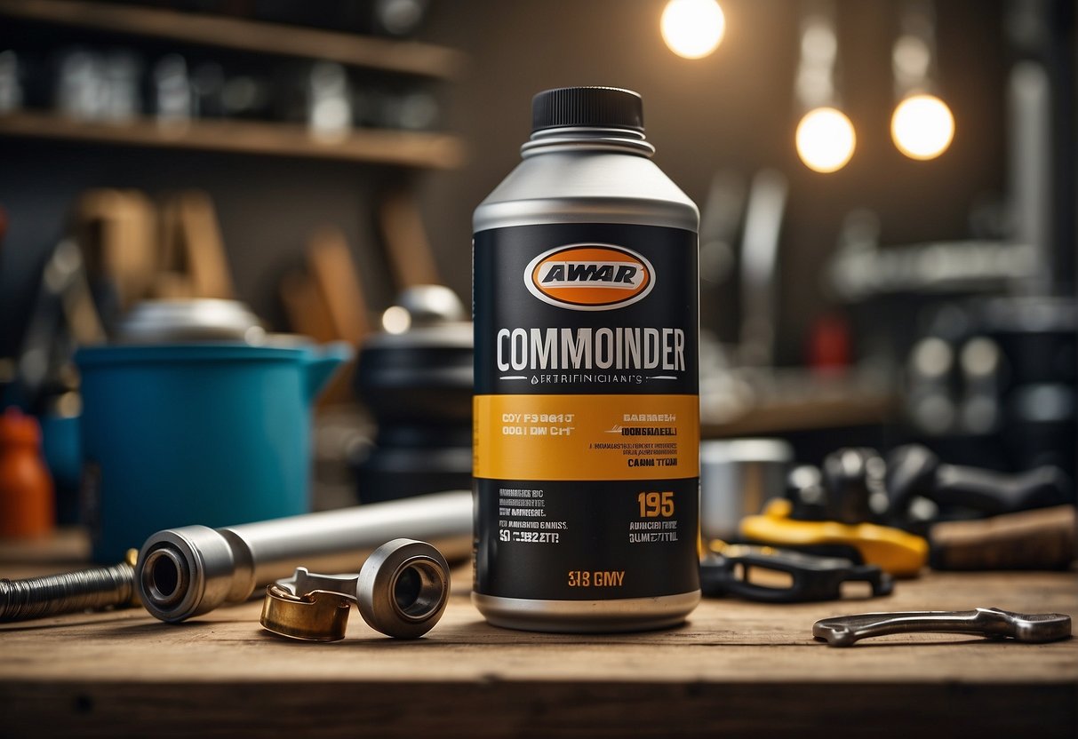 A can of Am Commander engine oil sits on a clean, well-lit workbench, surrounded by various tools and equipment