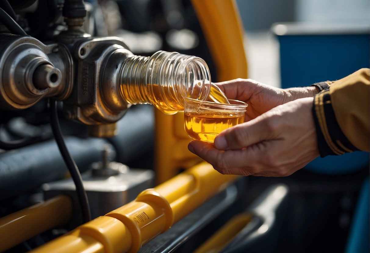 The Can-Am Commander Engine Oil is being poured into the engine, with the container held steady and the oil flowing smoothly