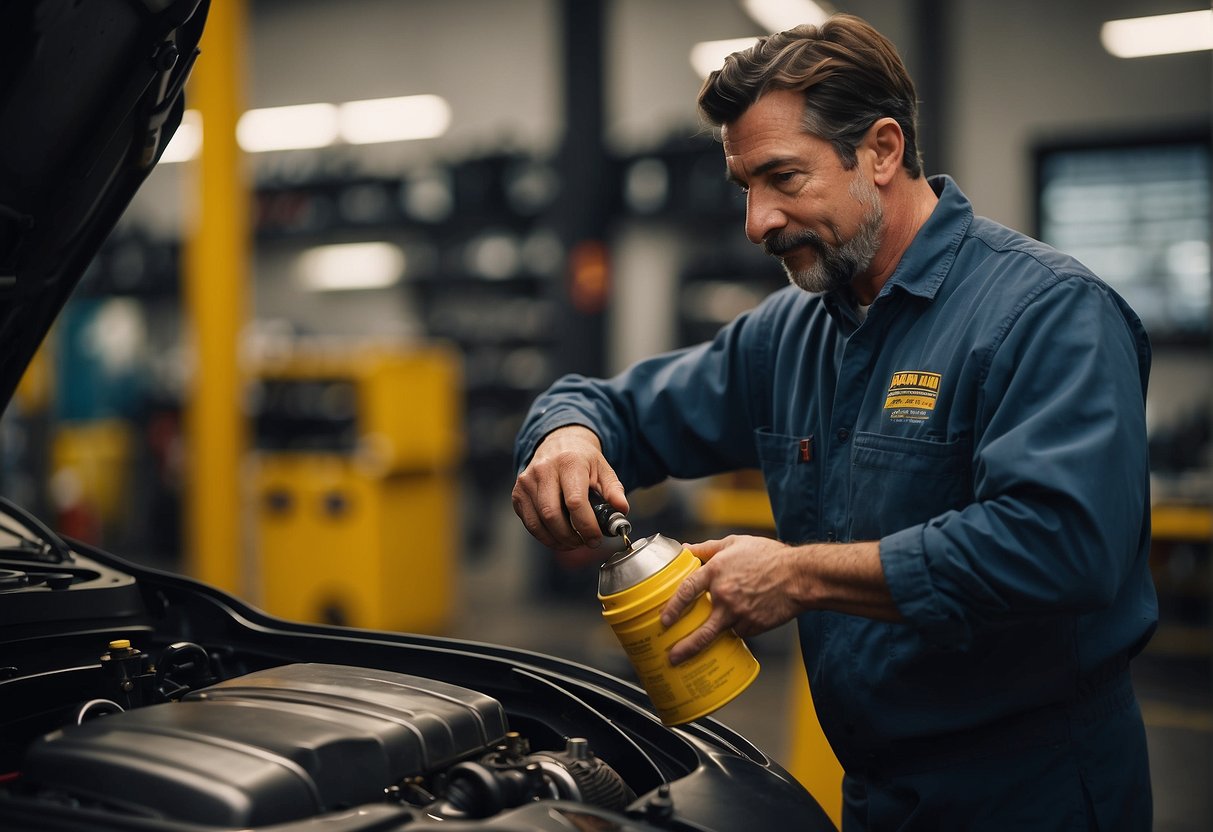 A mechanic drains old oil, replaces filter, and pours in new oil for a Can Am Commander engine oil change