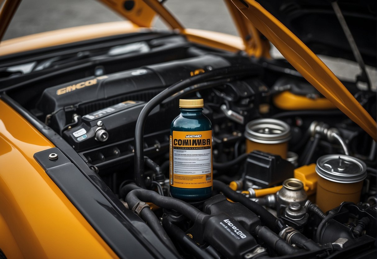 An open hood of a Can-Am Commander with a bottle of engine oil and a set of tools nearby