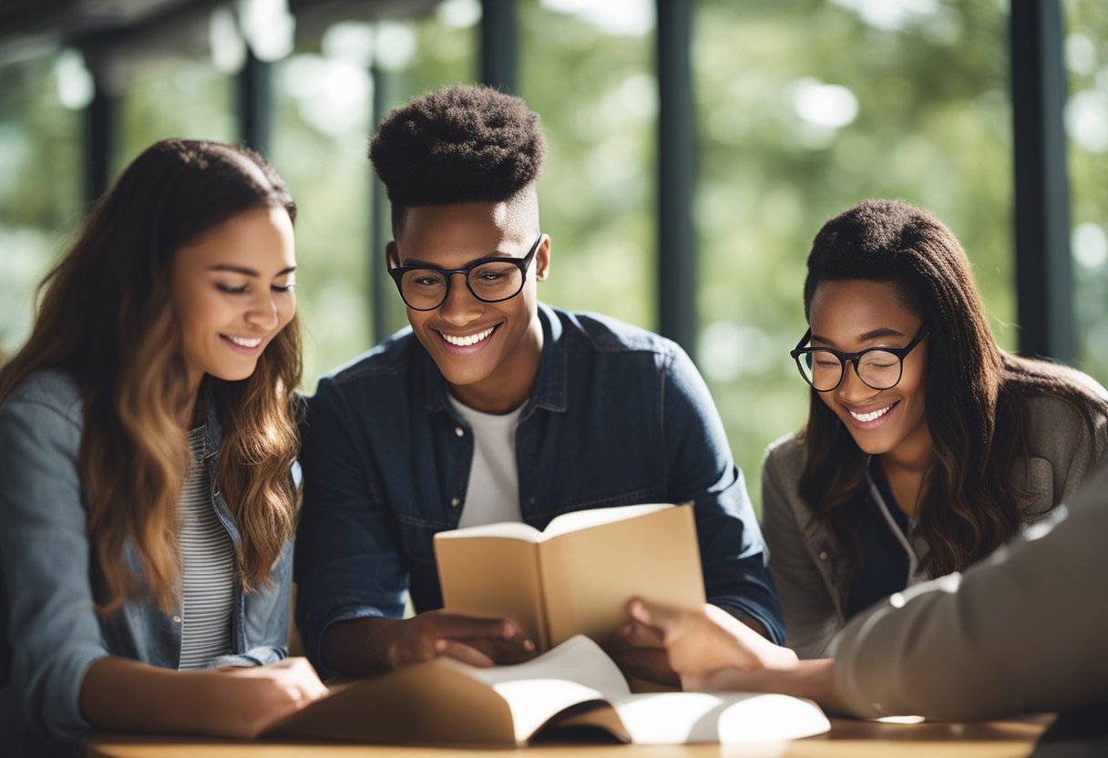 A group of diverse students eagerly reading eligibility criteria for Indiana Wesleyan University scholarships