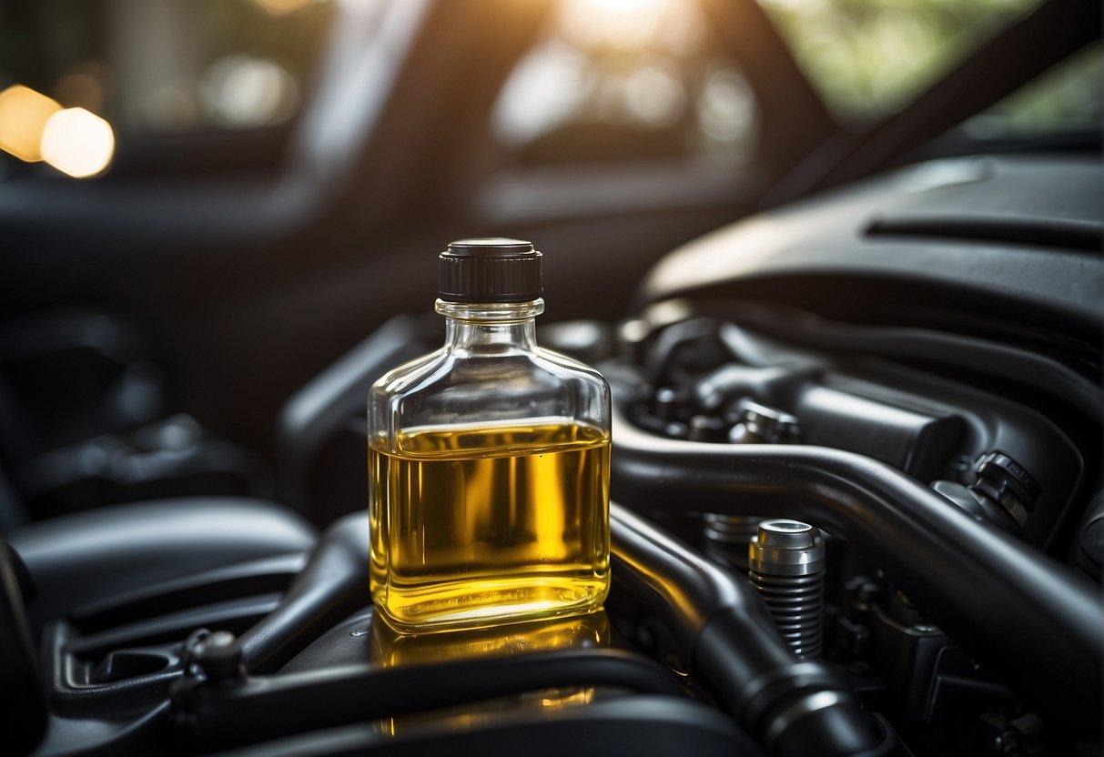 A car engine with a bottle of cooking oil next to it, indicating the question "can cooking oil be used as engine oil."