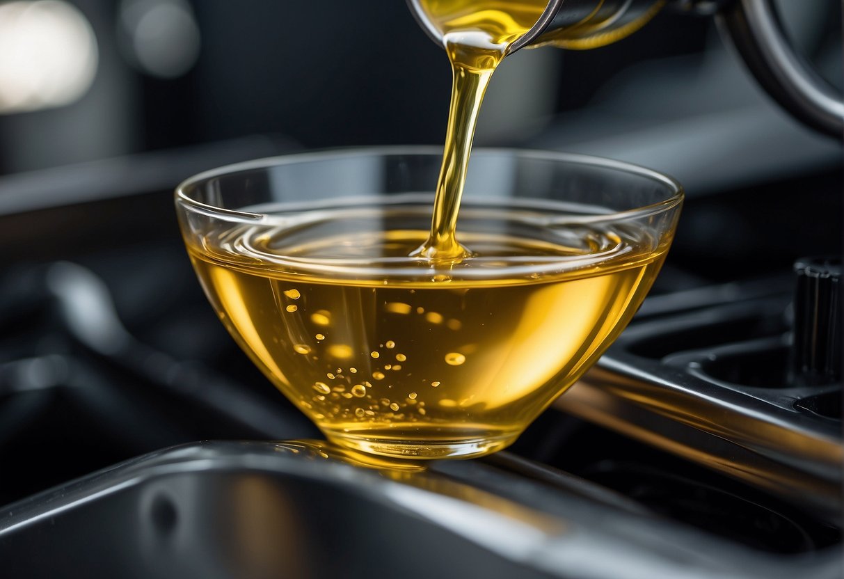 Cooking oil poured into an engine, with a focus on the environmental and economic aspects