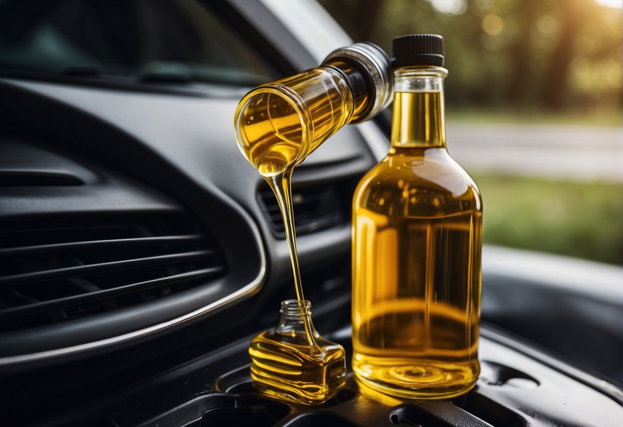 Cooking oil poured into a car engine, next to a bottle of engine oil