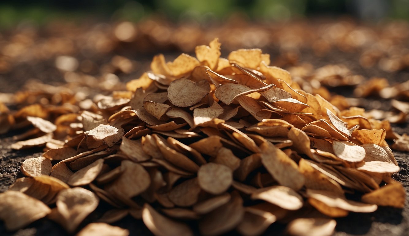 Fresh wood chips of varying sizes and colors spread across the ground, emitting a natural earthy aroma. Some chips are light brown and soft, while others are dark and sturdy