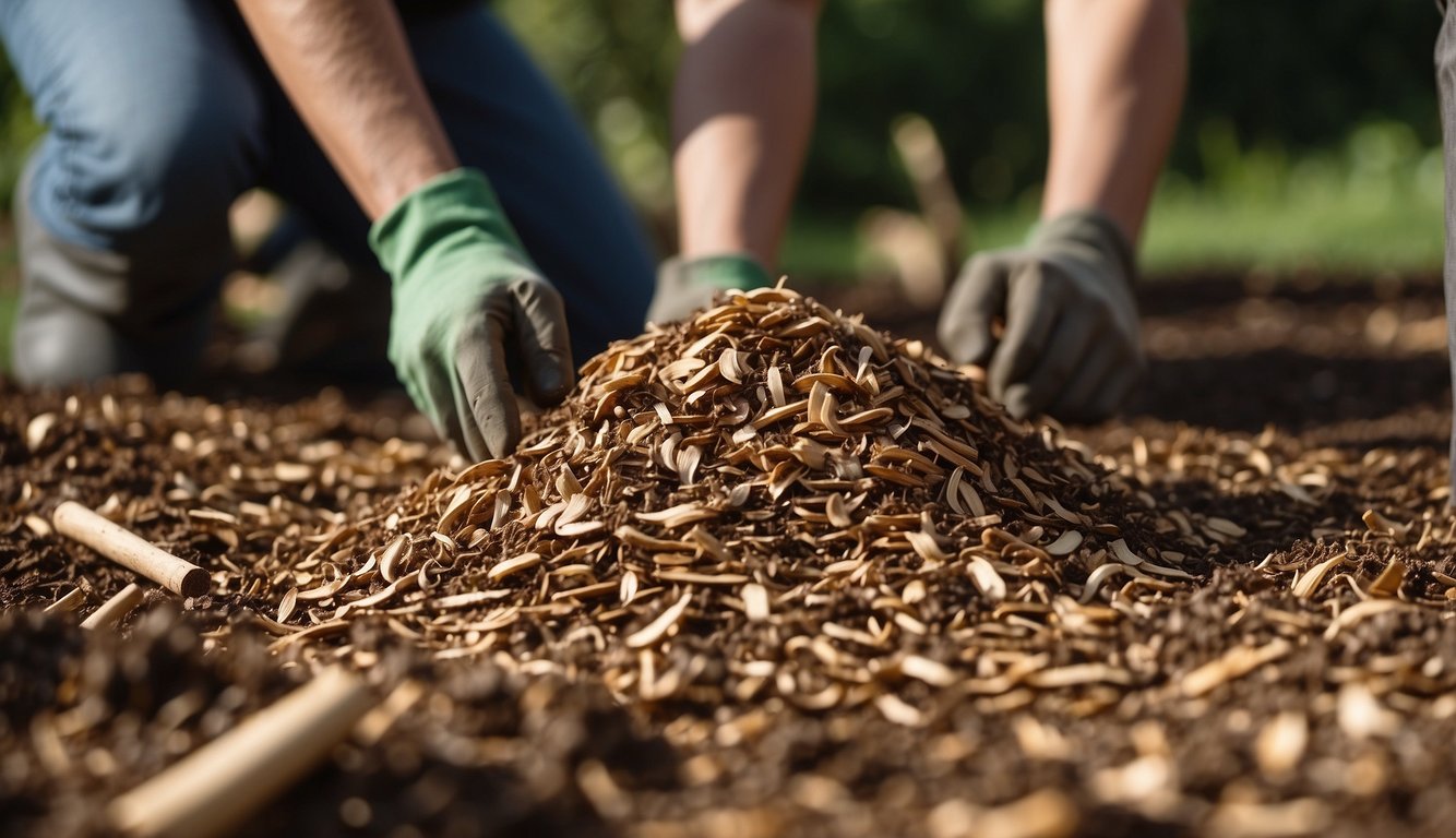 A gardener spreads fresh wood chips over soil, creating a thick layer for mulching. The chips cover the ground, providing insulation and moisture retention for the plants
