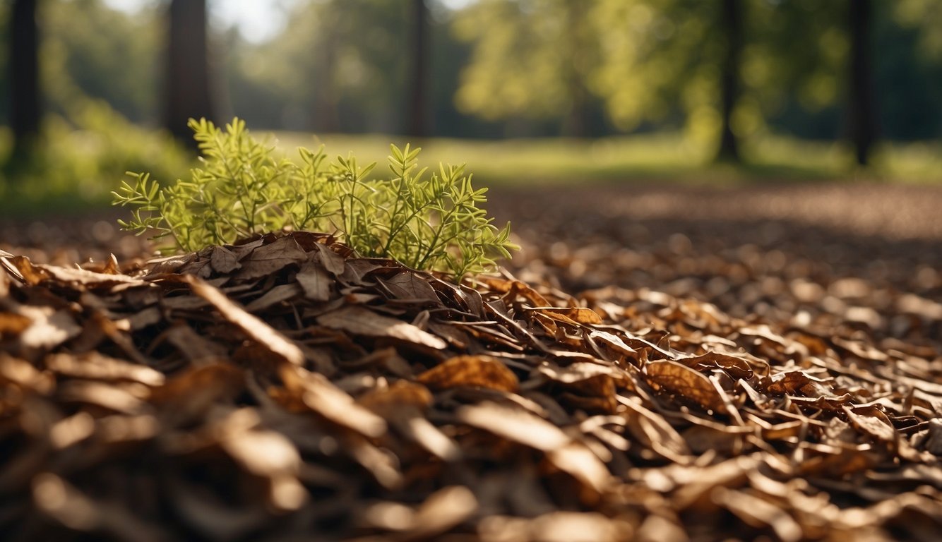 Fresh wood chips cover the ground, reducing soil erosion and retaining moisture. Trees stand tall in the background, providing shade and habitat