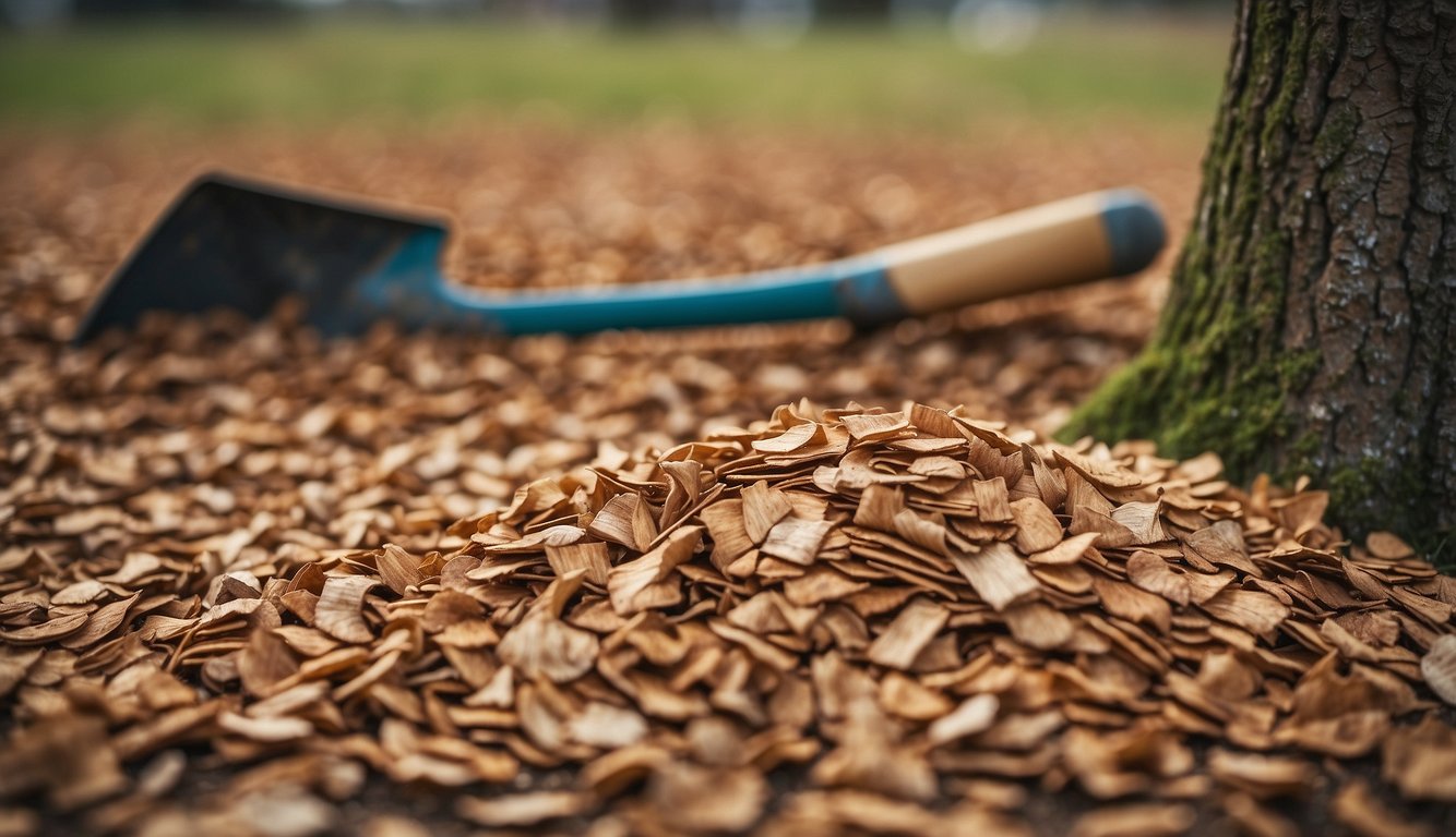 Fresh wood chips spread evenly under a tree, with a shovel nearby