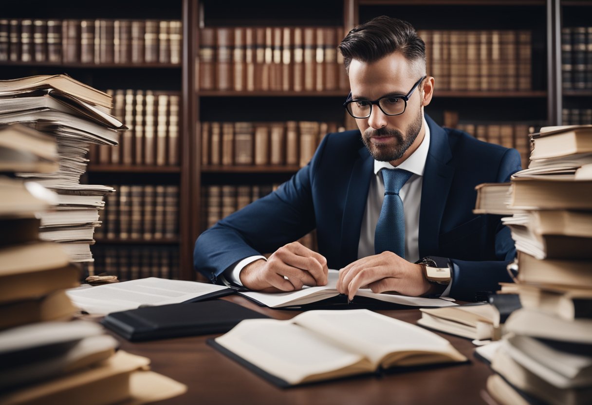 A truck accident lawyer navigates through a complex legal process, surrounded by documents, law books, and a computer