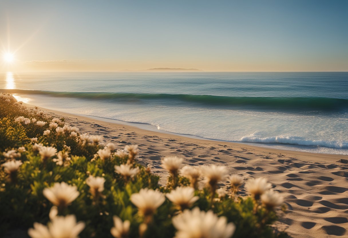 A serene Malibu beach transitions through seasons, from vibrant spring blooms to warm summer sun, to colorful fall foliage, and finally to a peaceful winter landscape, symbolizing the passage of time and the importance of addiction awareness