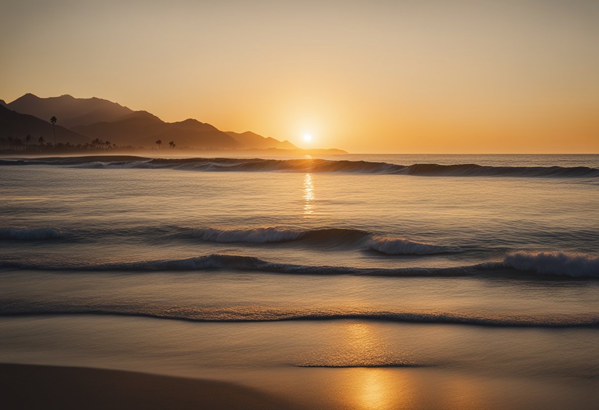 The scene shows a serene beach in Malibu, with palm trees swaying in the gentle breeze and waves crashing against the shore. The sun is setting, casting a warm glow over the landscape