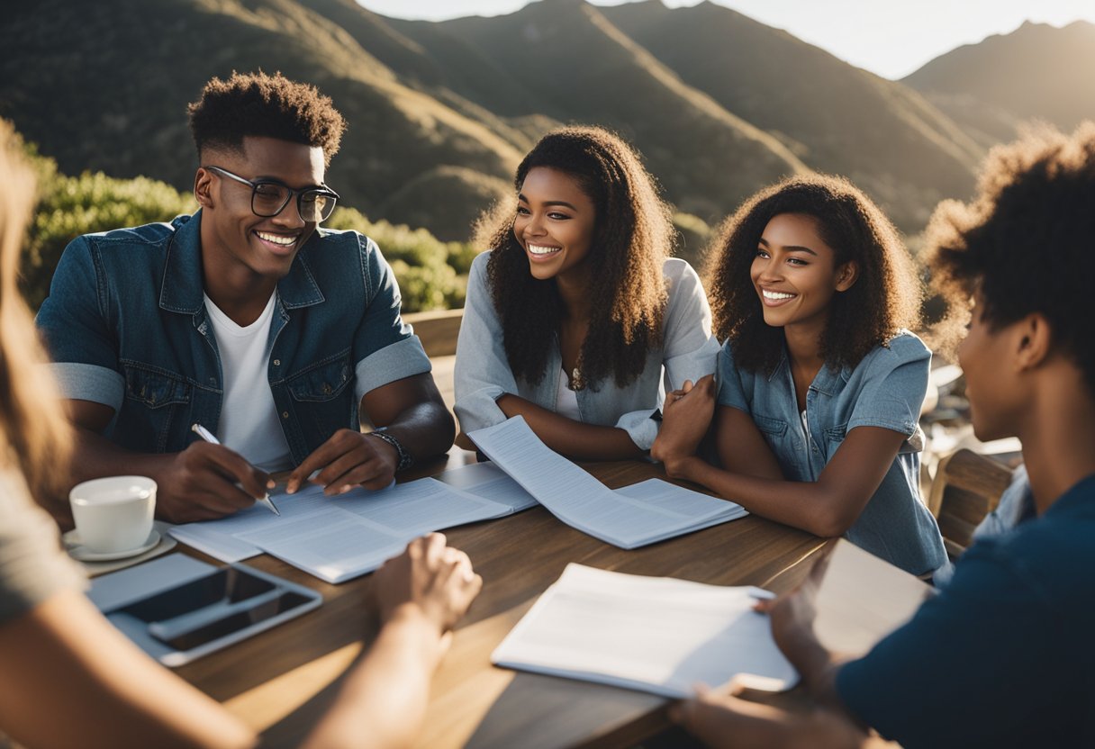 A group of diverse students gather around a table, filling out scholarship applications with a backdrop of Malibu's serene coastline