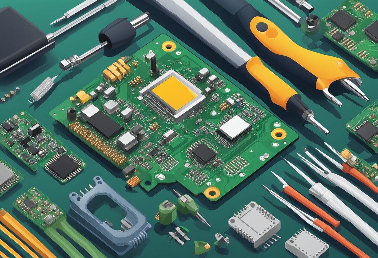 Various PCB components being assembled onto a circuit board. Soldering iron and tools present