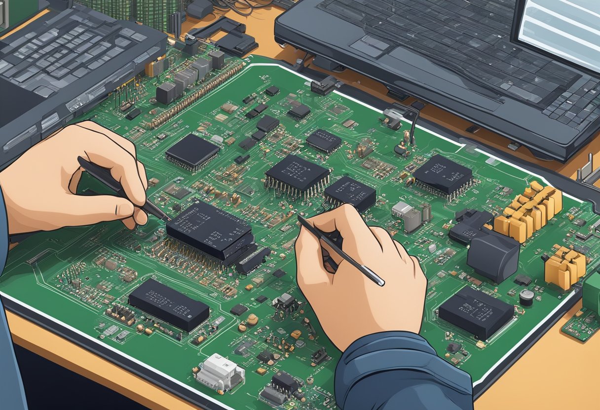 An engineer arranges electronic components on a printed circuit board, carefully designing and laying out the intricate connections