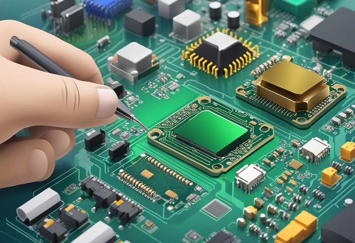 Various electronic components are being placed and soldered onto a printed circuit board using surface mount technology