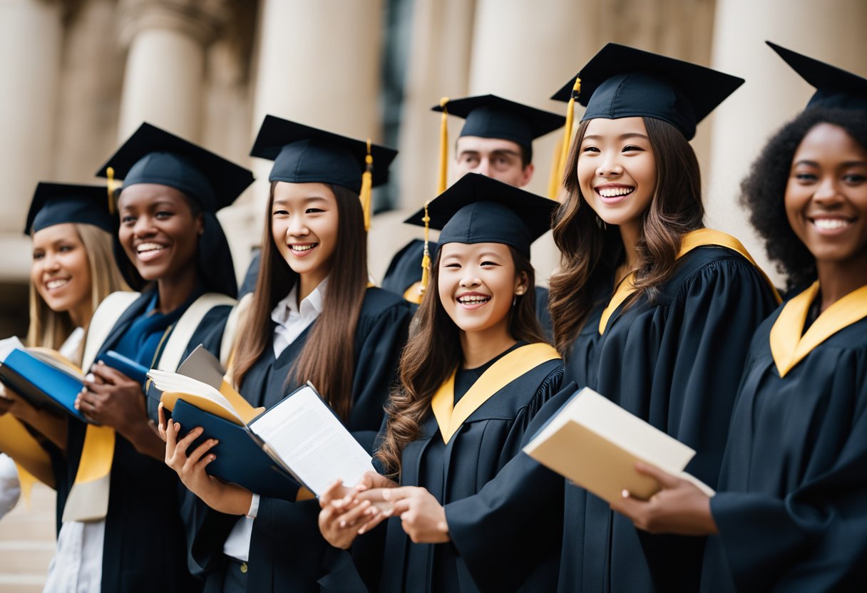 Students receiving University of Missouri transfer scholarships celebrate with excitement and gratitude, surrounded by books, laptops, and academic materials