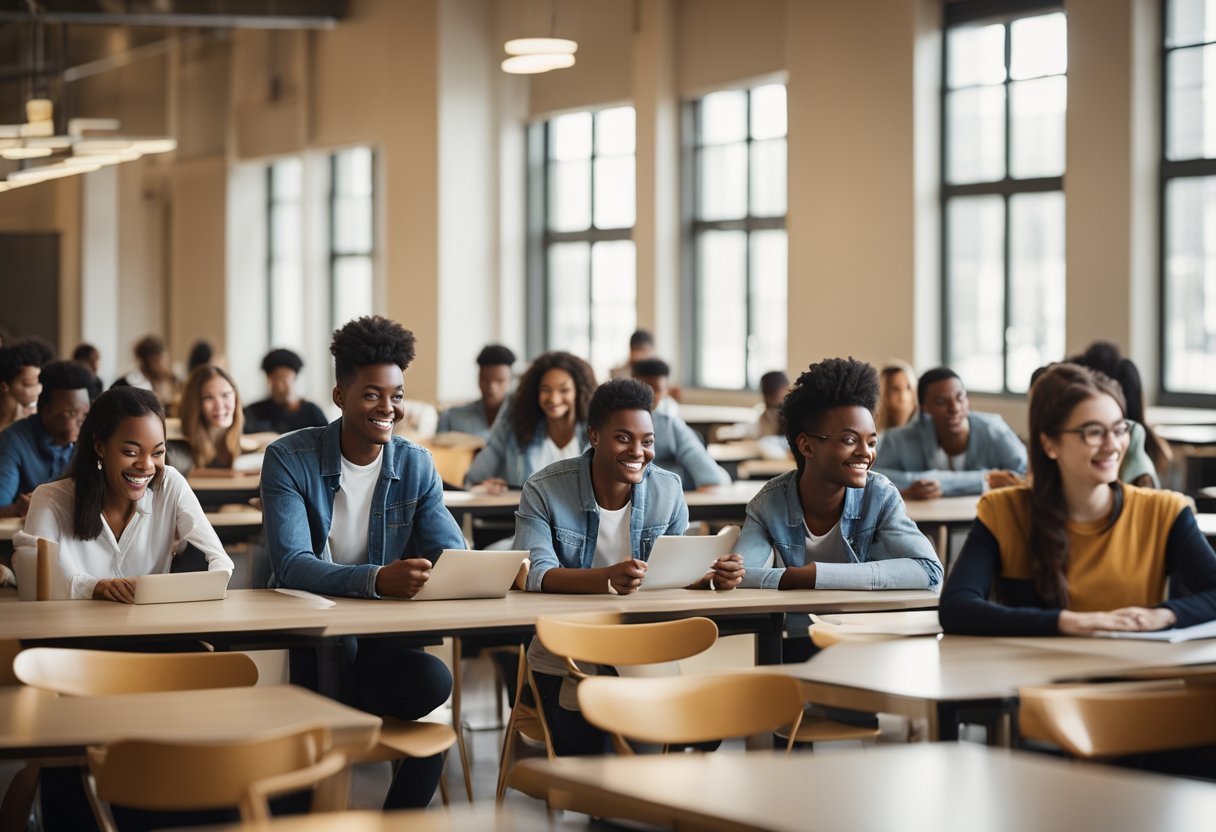 A group of students eagerly reading the eligibility criteria for transfer scholarships at the University of Missouri. Tables and chairs are arranged in a bright and spacious room