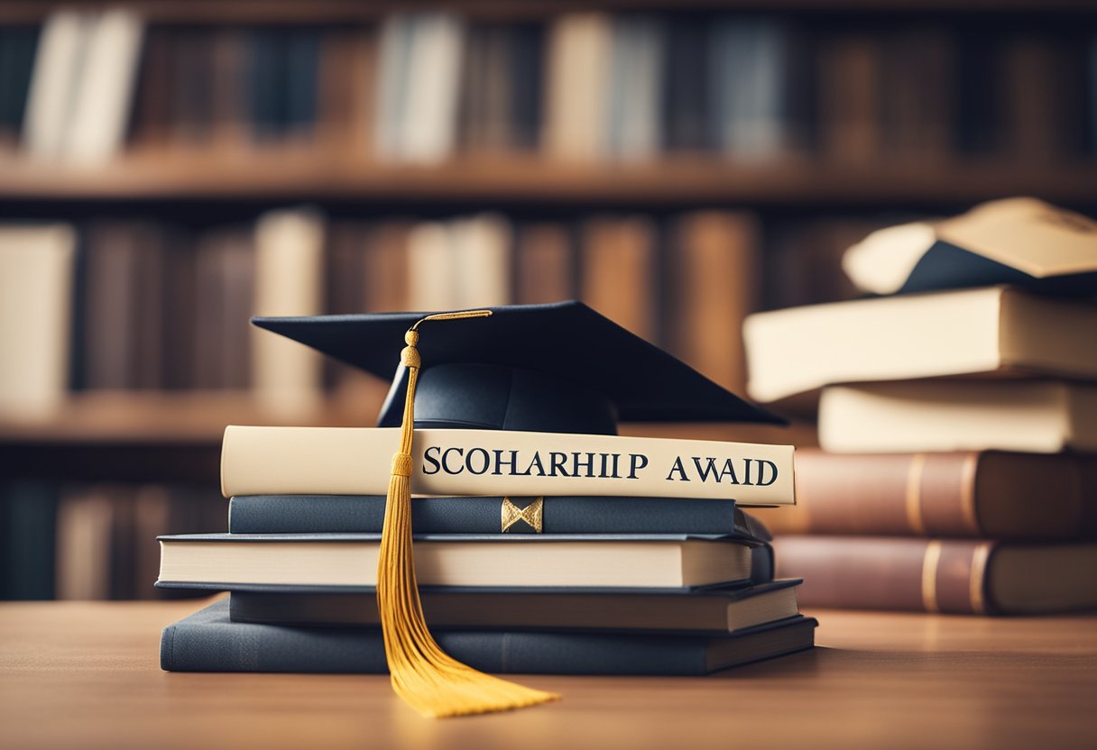 A stack of scholarship award letters from the University of Missouri, surrounded by books and a laptop, with a graduation cap in the background