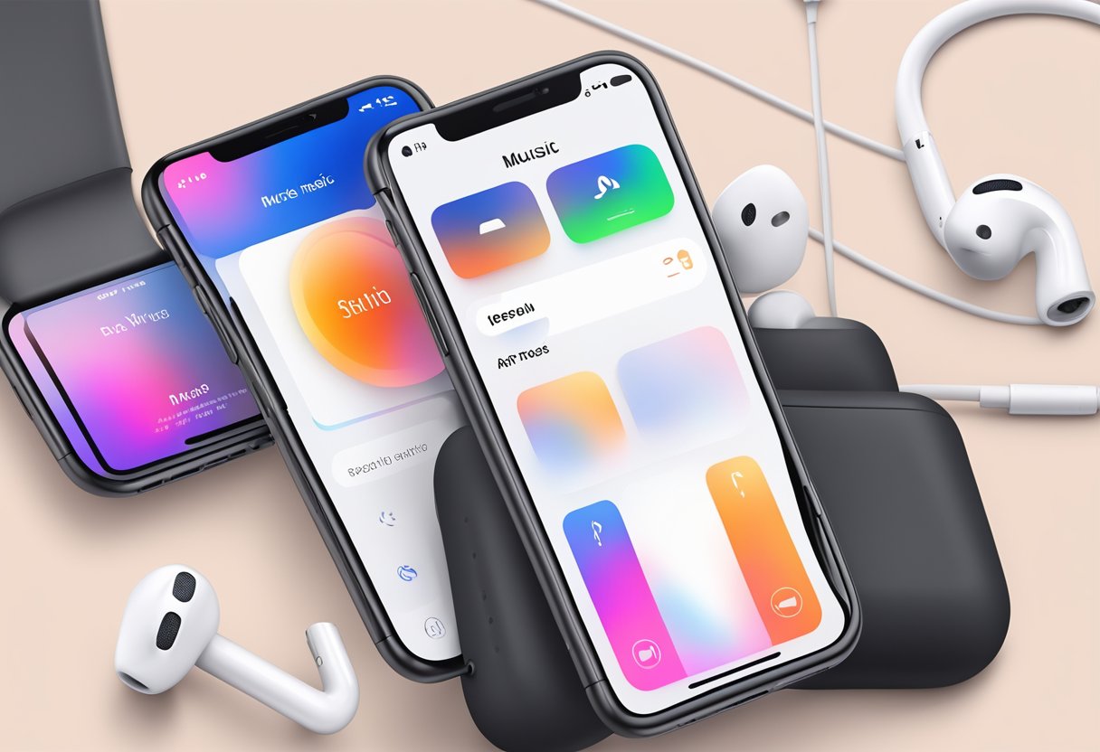 AirPods and iPhone with Apple Music app open. User attempts to play music, but no sound. User checks Bluetooth connection, resets AirPods, and reopens Apple Music