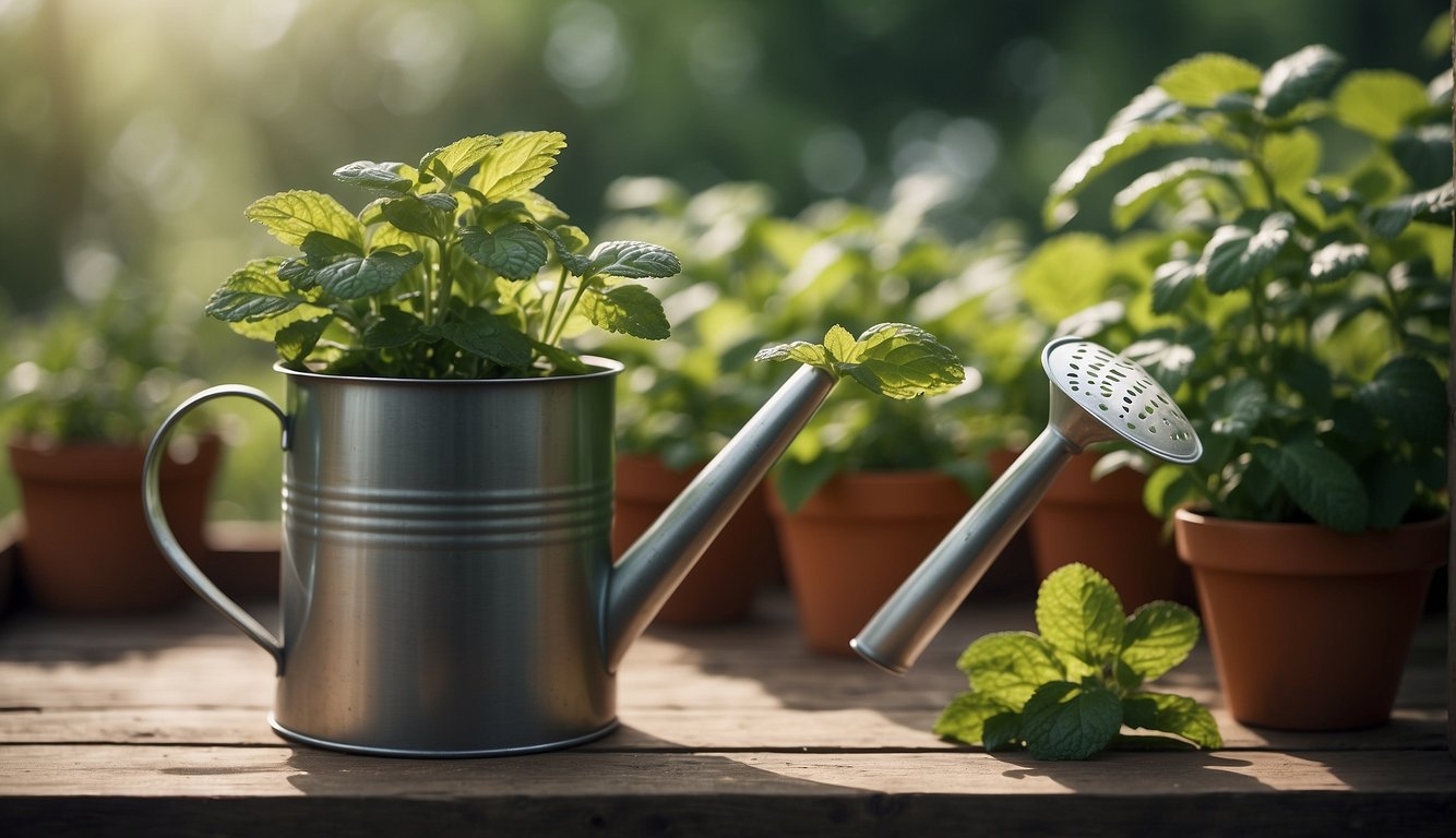 A watering can pours water onto a pot of flourishing mint plants