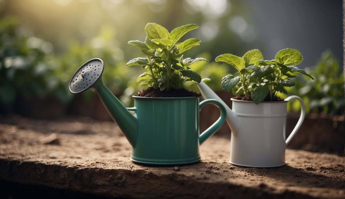 A pot filled with moist soil, a healthy mint plant, and a watering can nearby