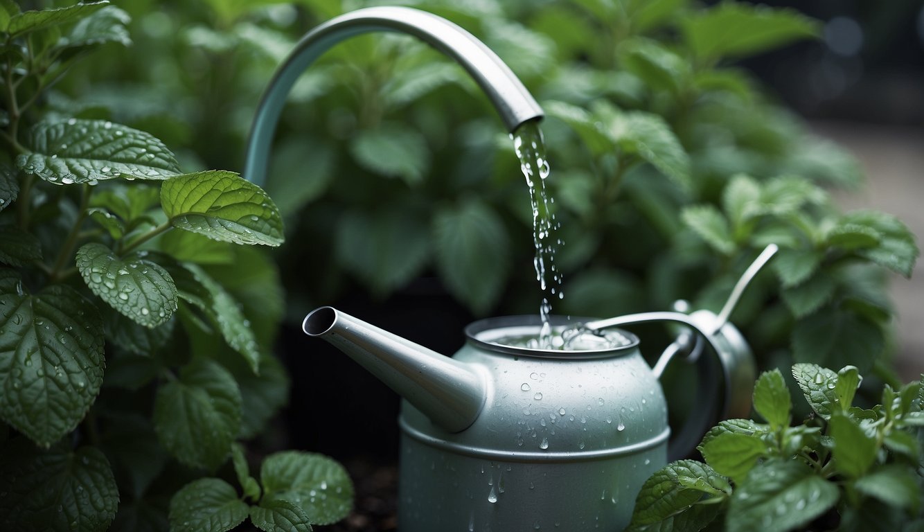 Water droplets fall on lush mint plants from a watering can
