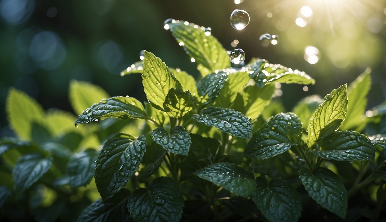 Water cascades onto lush green mint plants in a sunlit garden. Dew glistens on the leaves as they soak up the nourishing moisture