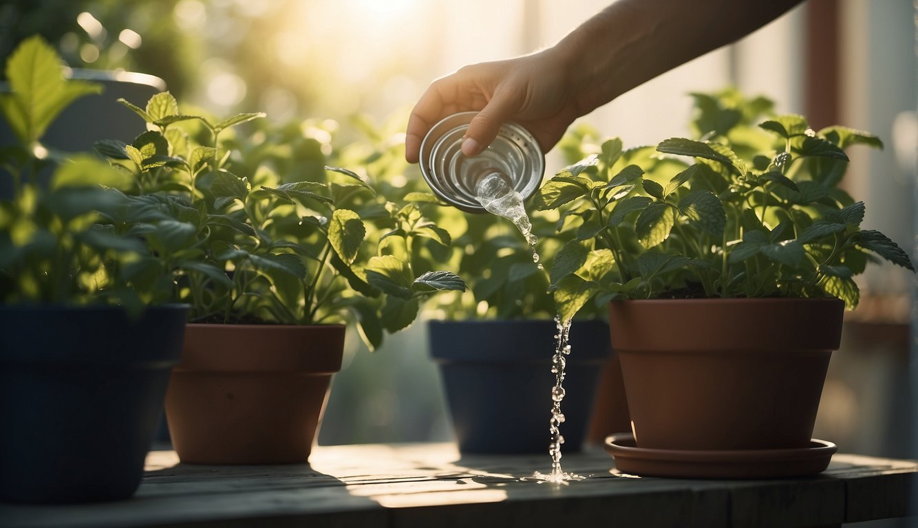 A hand pours water onto a thriving mint plant in a well-draining pot, placed in a sunny location with regular pruning and fertilization