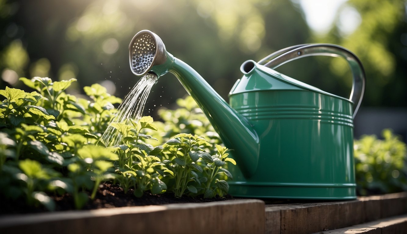 A watering can pours water onto a row of vibrant green mint plants in a sunny garden